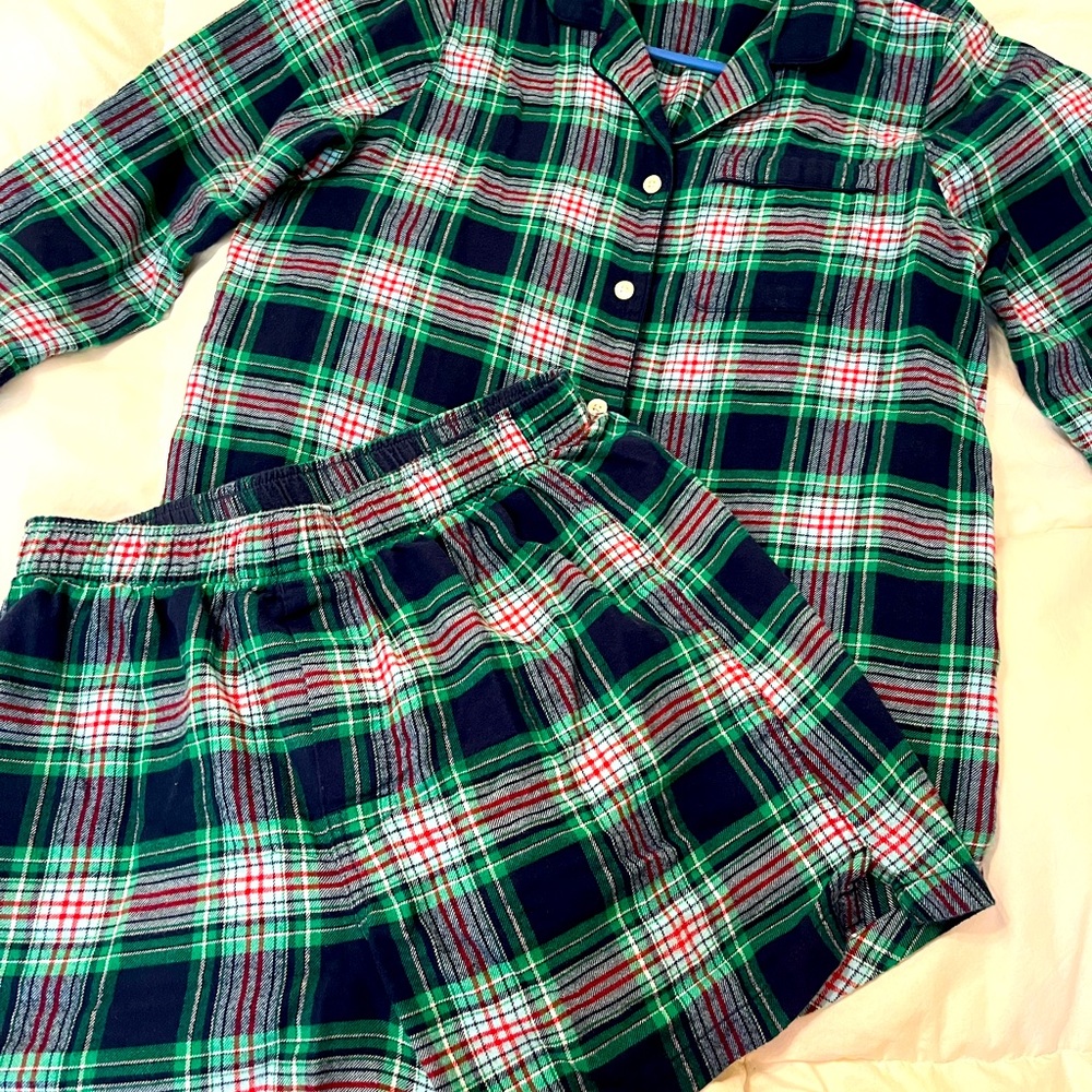 Comfy winter flannel plaid pajamas Button shirt w piping and boxer shirt bottoms